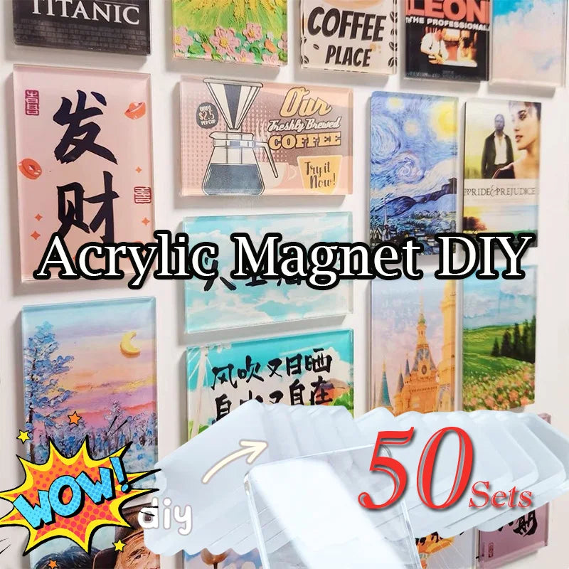 DIY clear acrylic magnet photo kit featuring various themed designs and sets