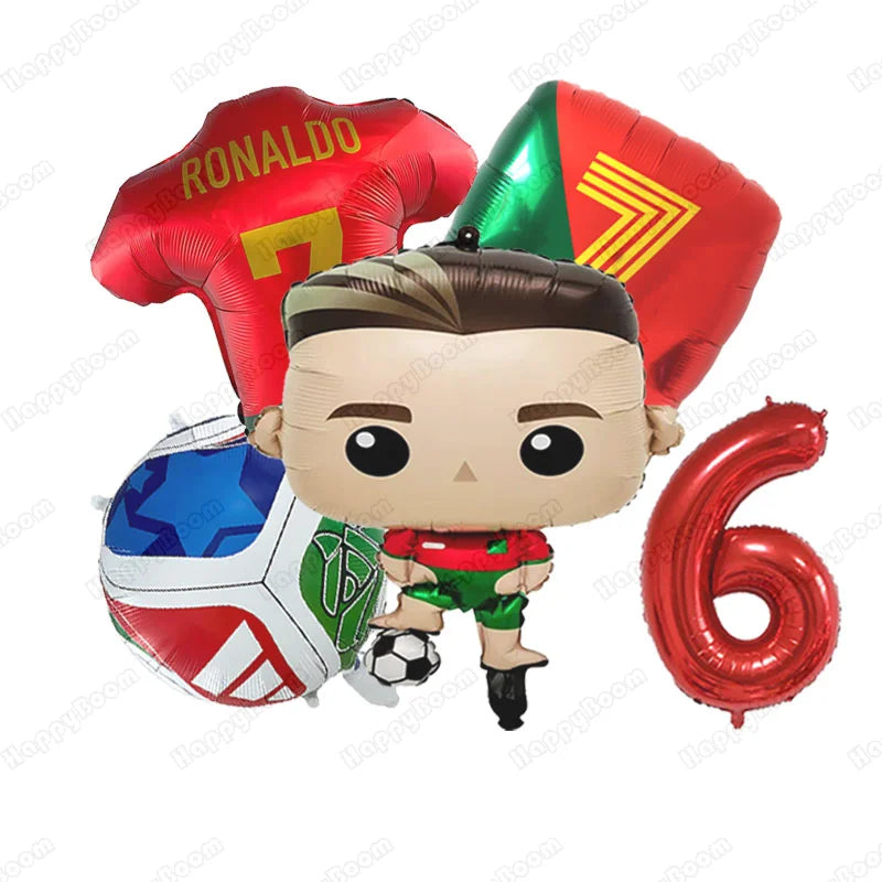 A set of football-themed birthday balloons featuring a soccer player figure and a large number 6.