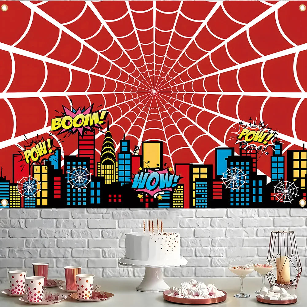A red spider web background featuring a city skyline silhouette and colorful explosion graphics for a birthday party banner.