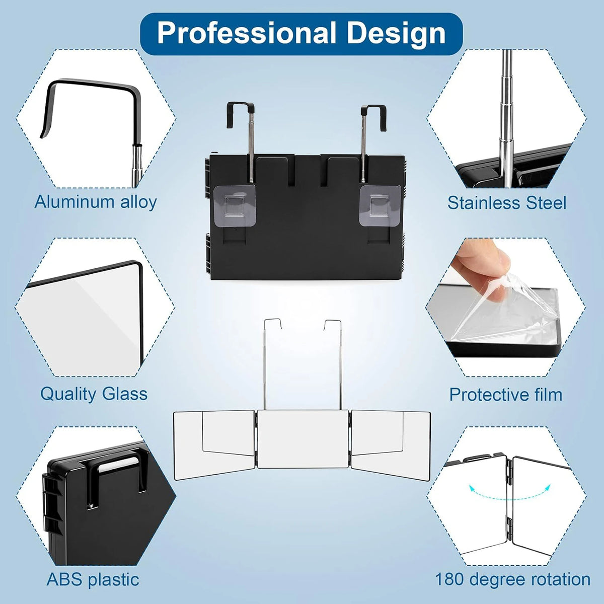 Professional design portable trifold vanity mirror featuring aluminum alloy, glass, and ABS plastic components.