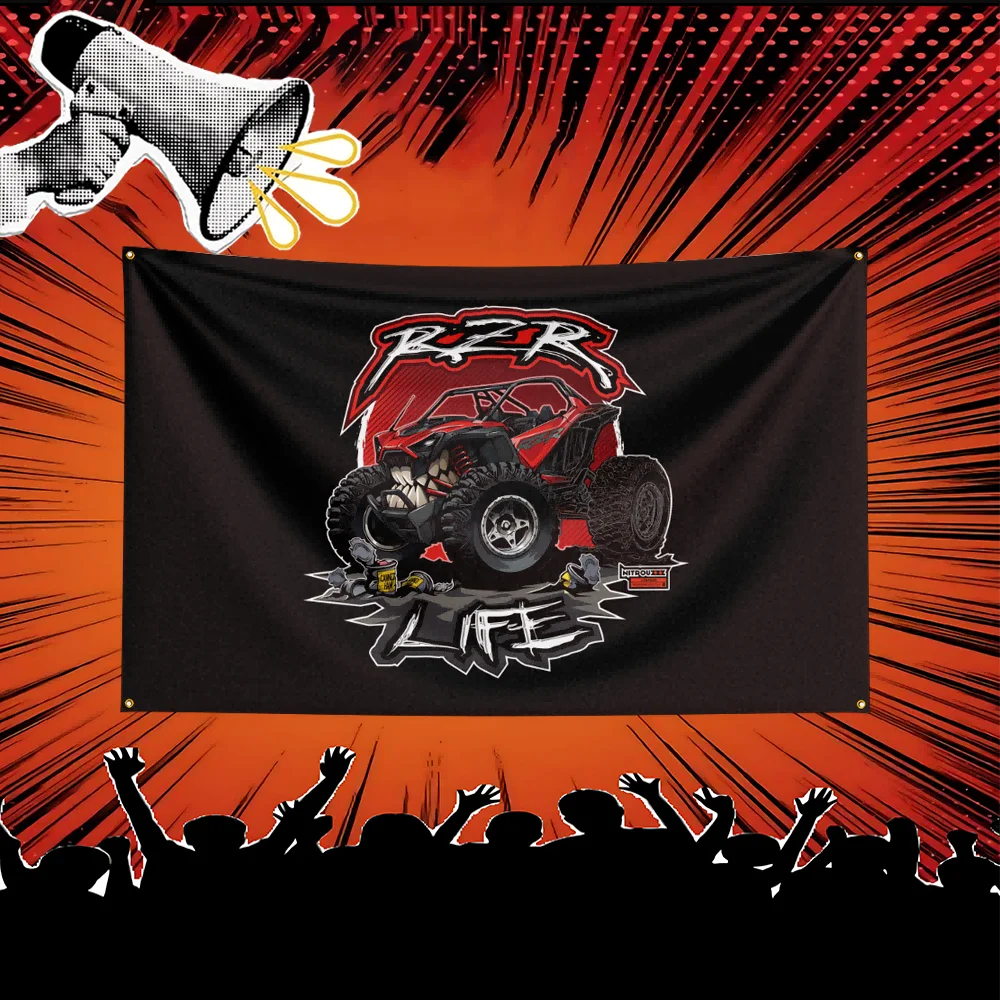 A black banner featuring a graphic of a red Polaris motorcycle and the text LIFE, set against an orange background with radia