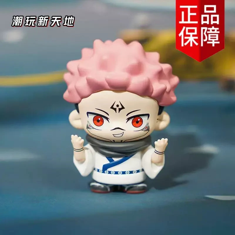 A collectible figure of Gojo and Geto from Jujutsu Kaisen, featuring pink hair and intense facial expressions.