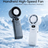 A white handheld high-speed fan is shown in a snowy outdoor setting, highlighting its features like high airflow and battery 