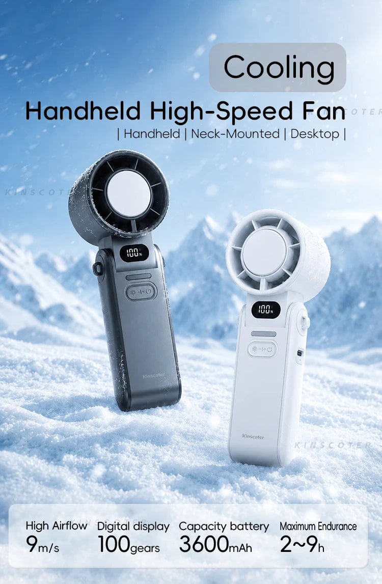 A white handheld high-speed fan is shown in a snowy outdoor setting, highlighting its features like high airflow and battery 