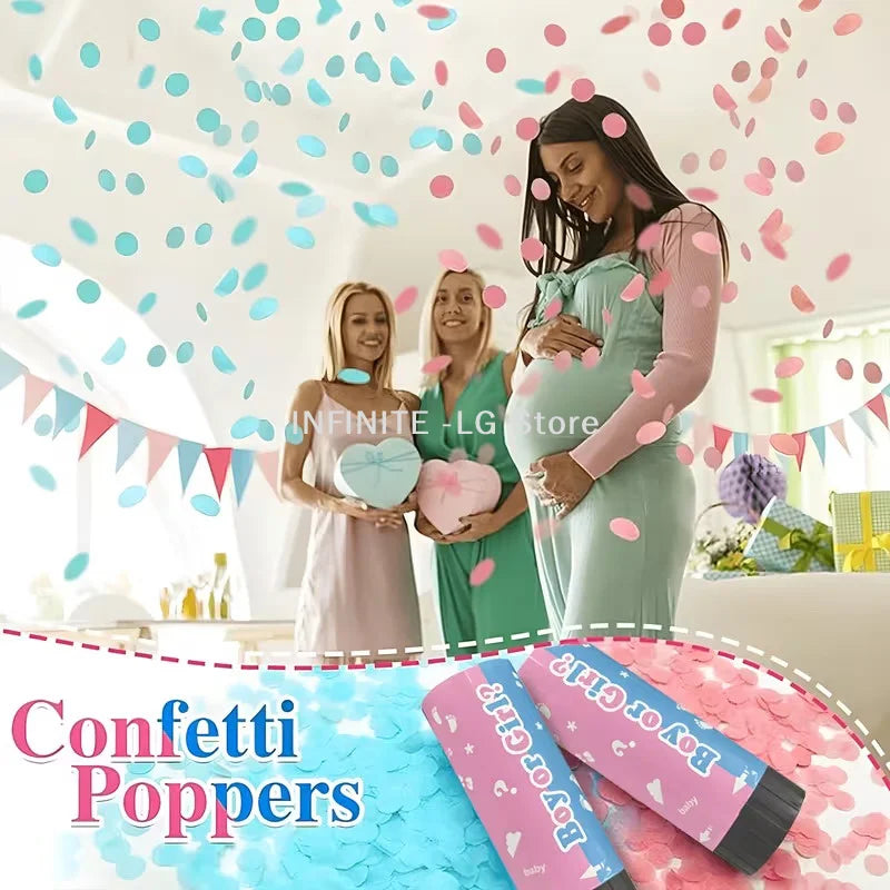 A pregnant woman smiles while holding pink confetti cannons with a smiling female friend in a bright indoor setting.