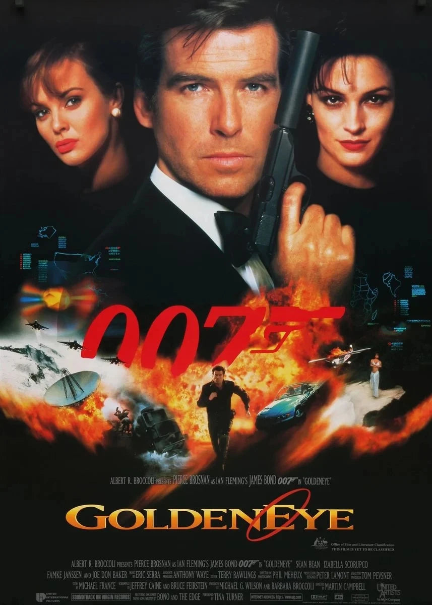 A movie poster featuring three people and a gun with the title GOLDENEYE