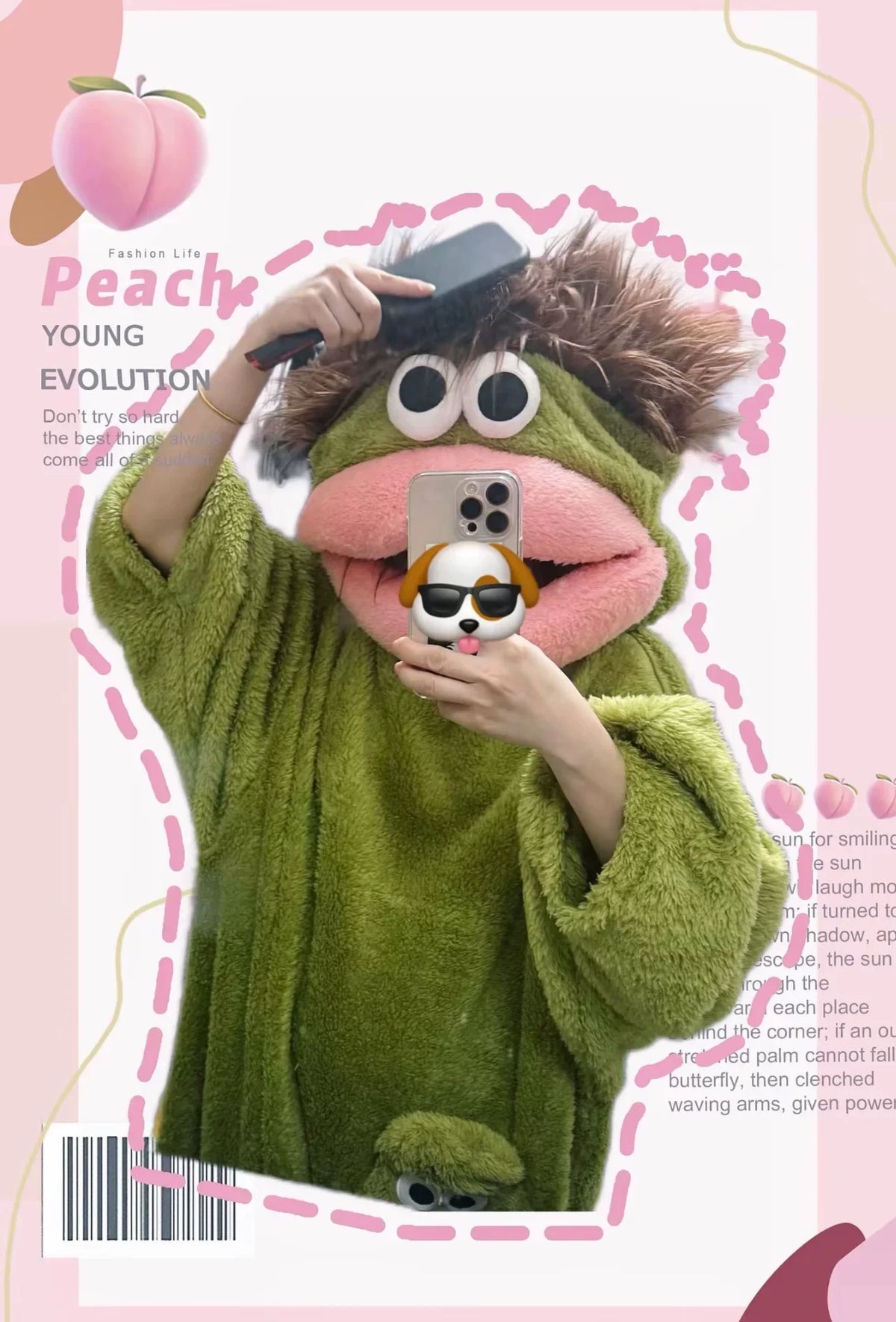 A person wearing a fuzzy green monster onesie pajama with large pink lips and an electronic device.