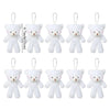 A set of twelve white plush teddy bear keychains, some with attached rings.
