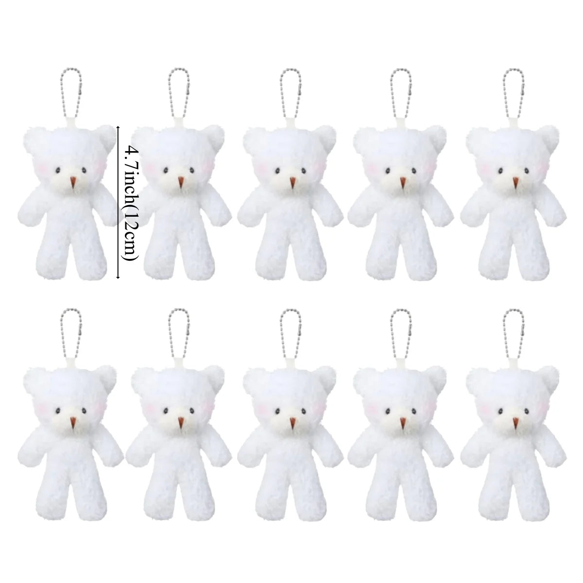 A set of twelve white plush teddy bear keychains, some with attached rings.