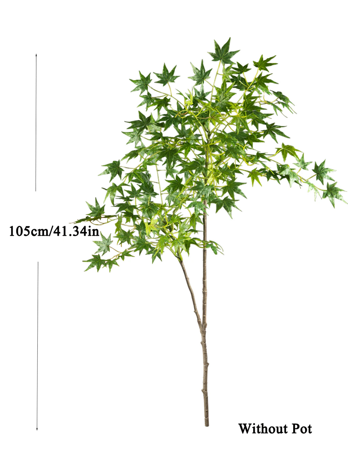 Artificial maple tree branch with silk leaves shown standing without a pot.