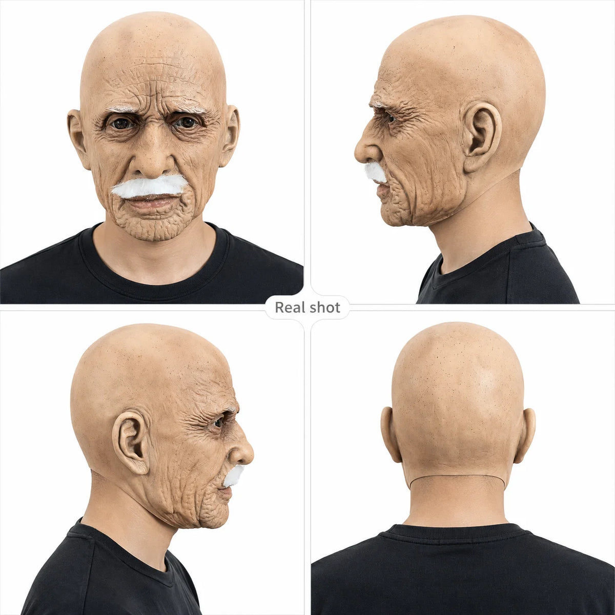 Realistic latex old man mask showing facial aging and texture in front and profile views.