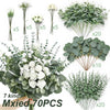 A collection of artificial flower bouquets featuring eucalyptus and willow greenery in various sizes.
