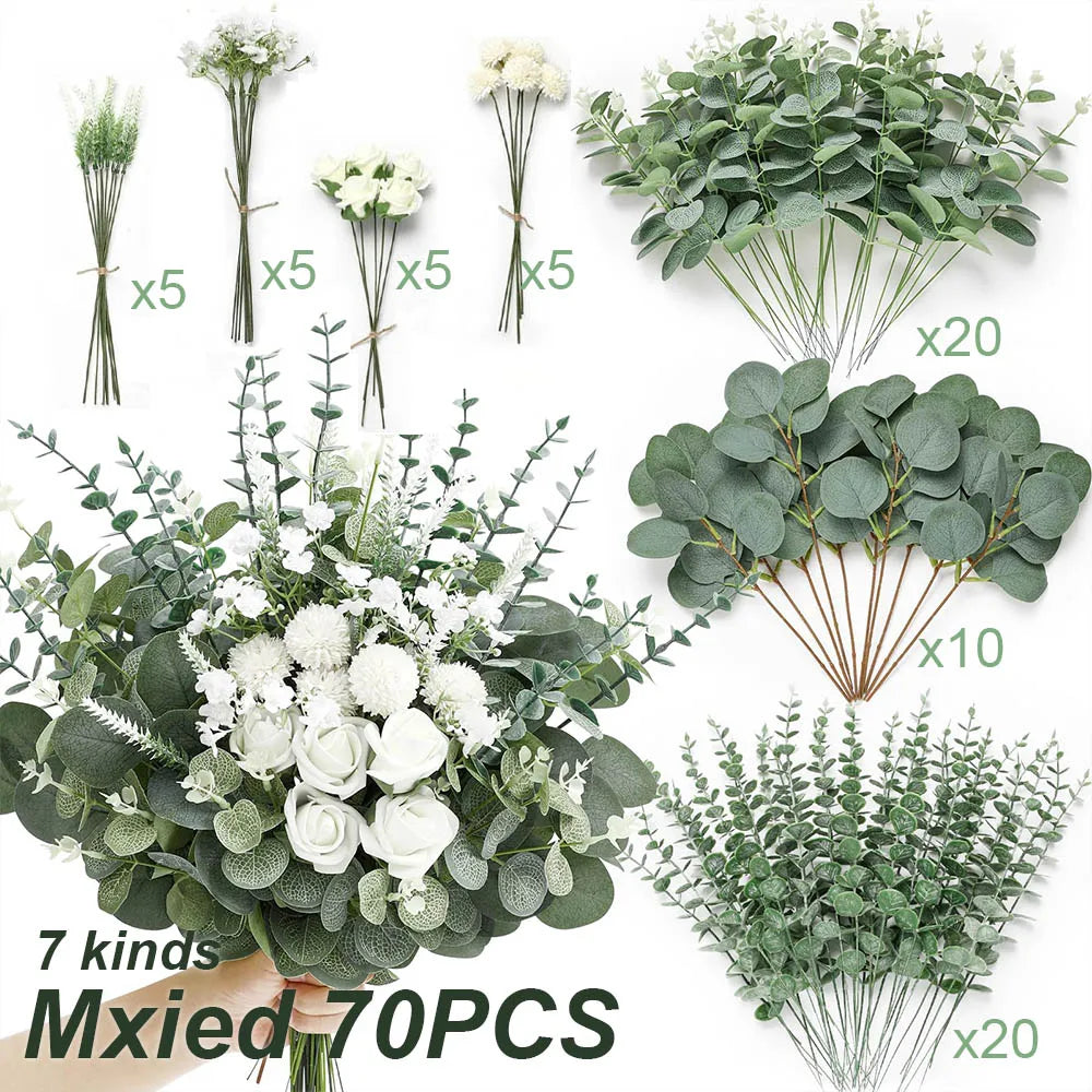 A collection of artificial flower bouquets featuring eucalyptus and willow greenery in various sizes.