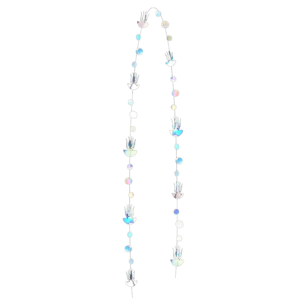 Iridescent mermaid and jellyfish party streamers with various shapes and colors