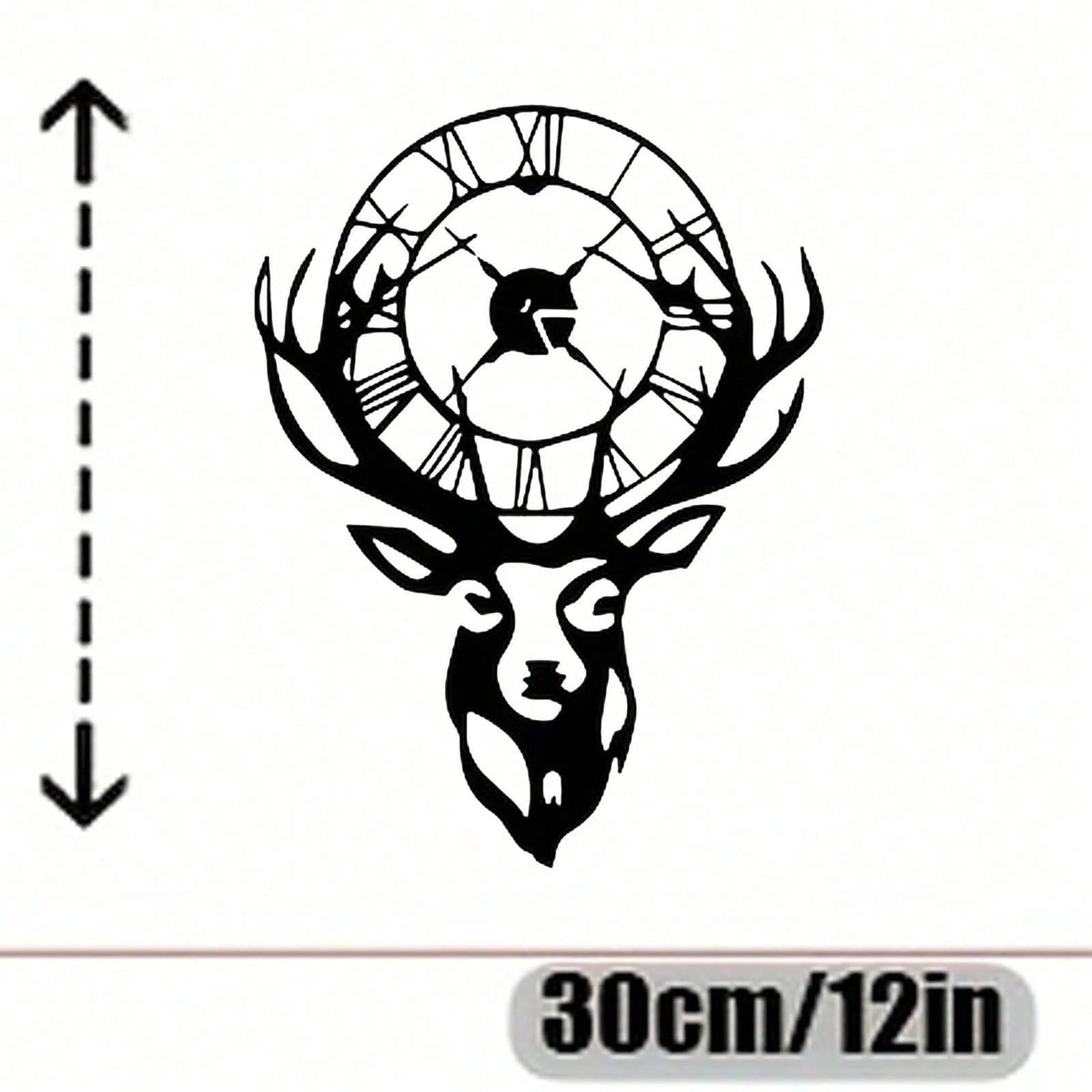 Black metal wall sculpture of a deer head with antlers and a circular clock face.