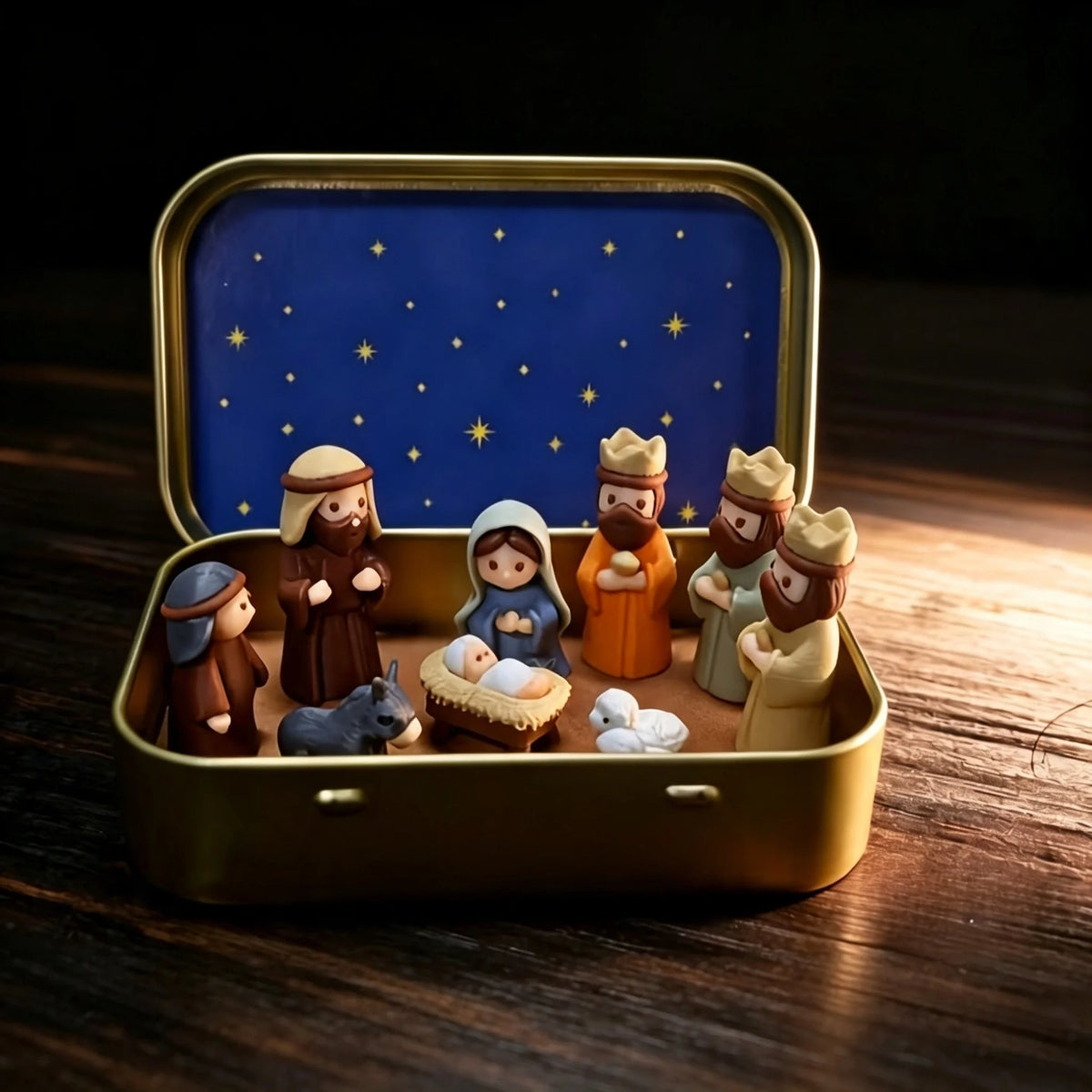 A miniature nativity scene set featuring Mary, Jesus, a shepherd, and animal figurines displayed in a gold-colored box.