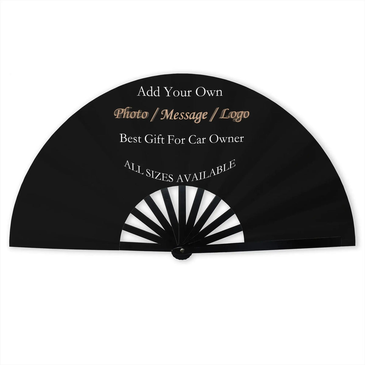 Black folding fan with text options for photo, message, or logo