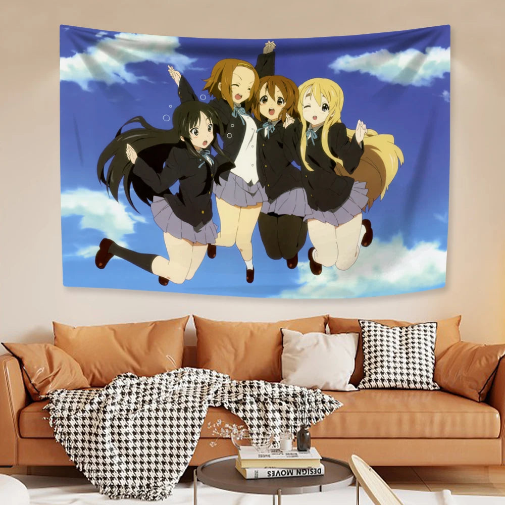 A tapestry featuring five anime girls in black and gray outfits against a blue sky background.