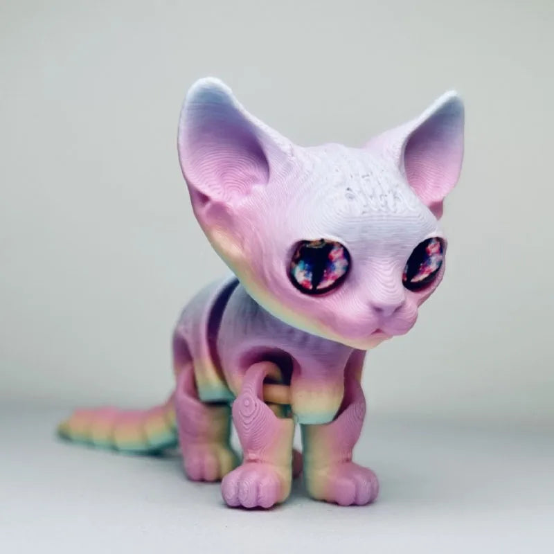 A small, articulated 3D printed figurine of a Siamese cat with pink and purple fur and colorful eyes.
