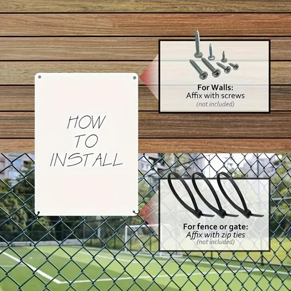 Instructional graphic showing how to install a vintage metal wall sign for walls and a fence or gate.
