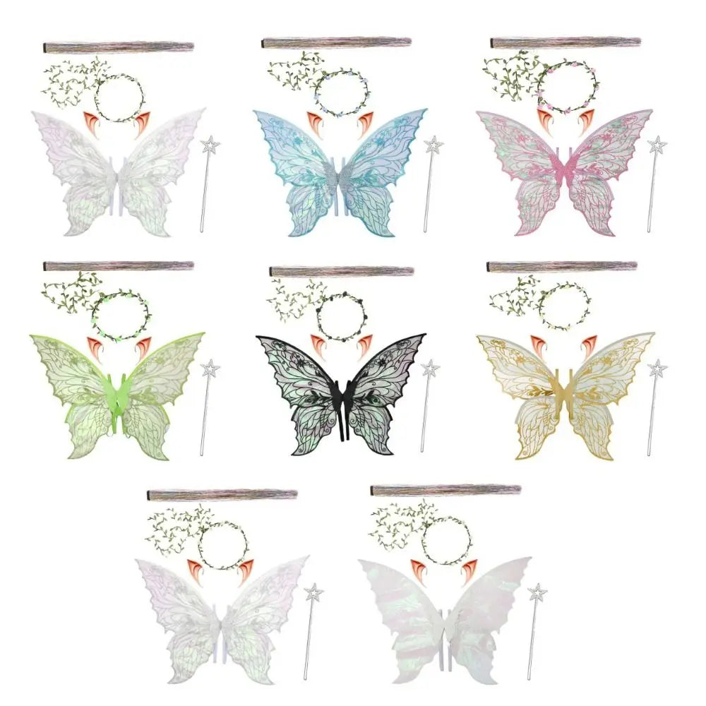 A set of sparkling fairy wings, including wings in various colors and a wand, crown, and floral elements.
