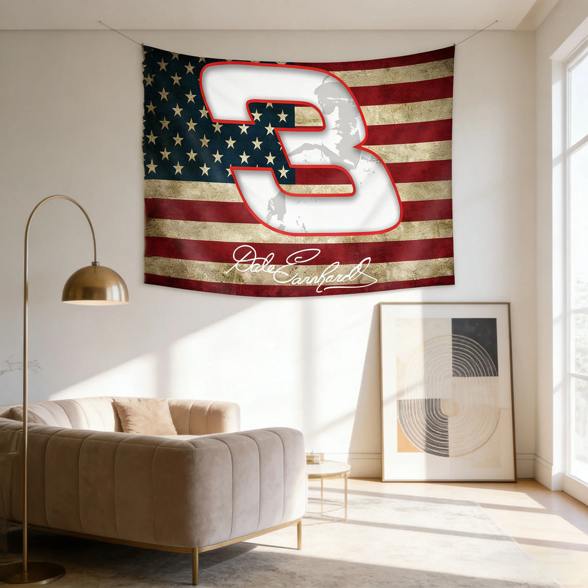 A banner featuring the number 3 and American flag stripes in red, white, and blue for fan decor.