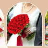 A close-up of a bouquet of vibrant red velvet artificial roses with bendable stems, set against a white and black background.