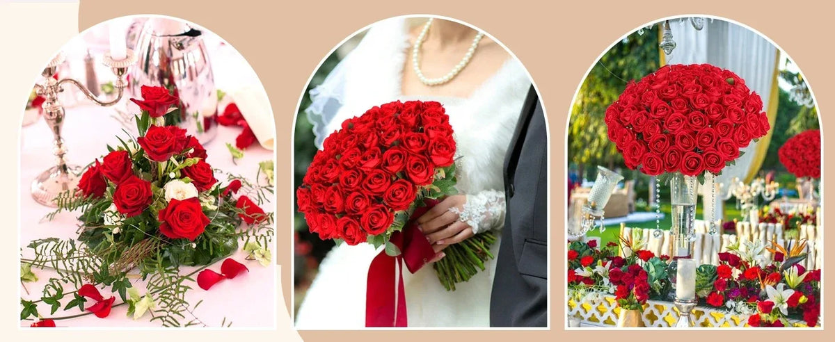 A close-up of a bouquet of vibrant red velvet artificial roses with bendable stems, set against a white and black background.