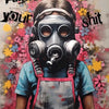 Banksy style canvas wall art featuring a portrait of a girl wearing a gas mask surrounded by colorful floral elements