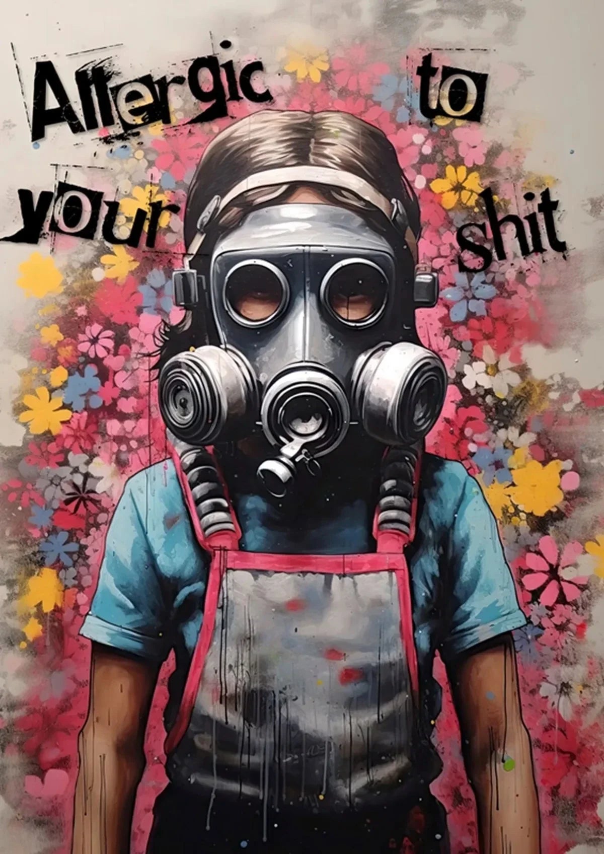 Banksy style canvas wall art featuring a portrait of a girl wearing a gas mask surrounded by colorful floral elements