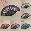 A collection of antique folding fans featuring intricate floral patterns in purple, silver, and blue shades.