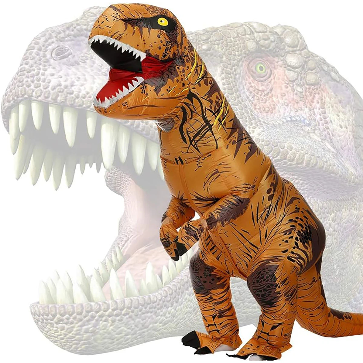 An inflatable adult Tyrannosaurus Rex costume in orange and brown tones.