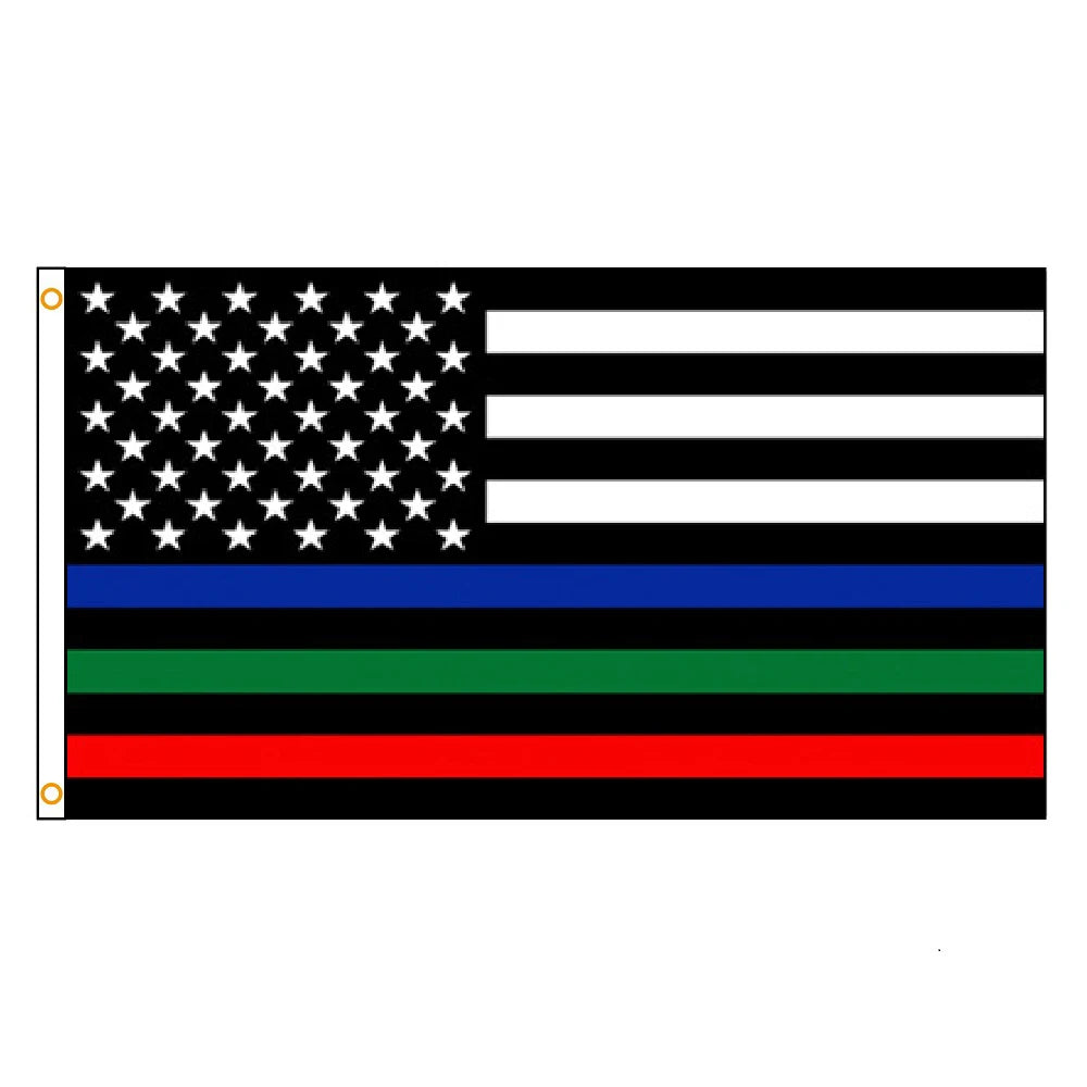 A flag design featuring the American flag pattern above horizontal stripes of blue, black, green, and red.