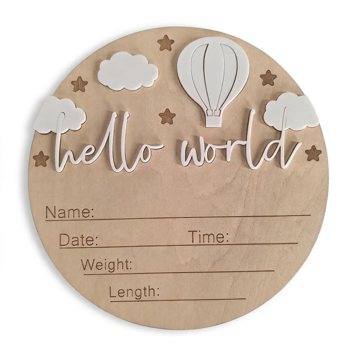 A natural wood birth announcement plaque featuring a hot air balloon, clouds, and stars with space for name, date, time, weig