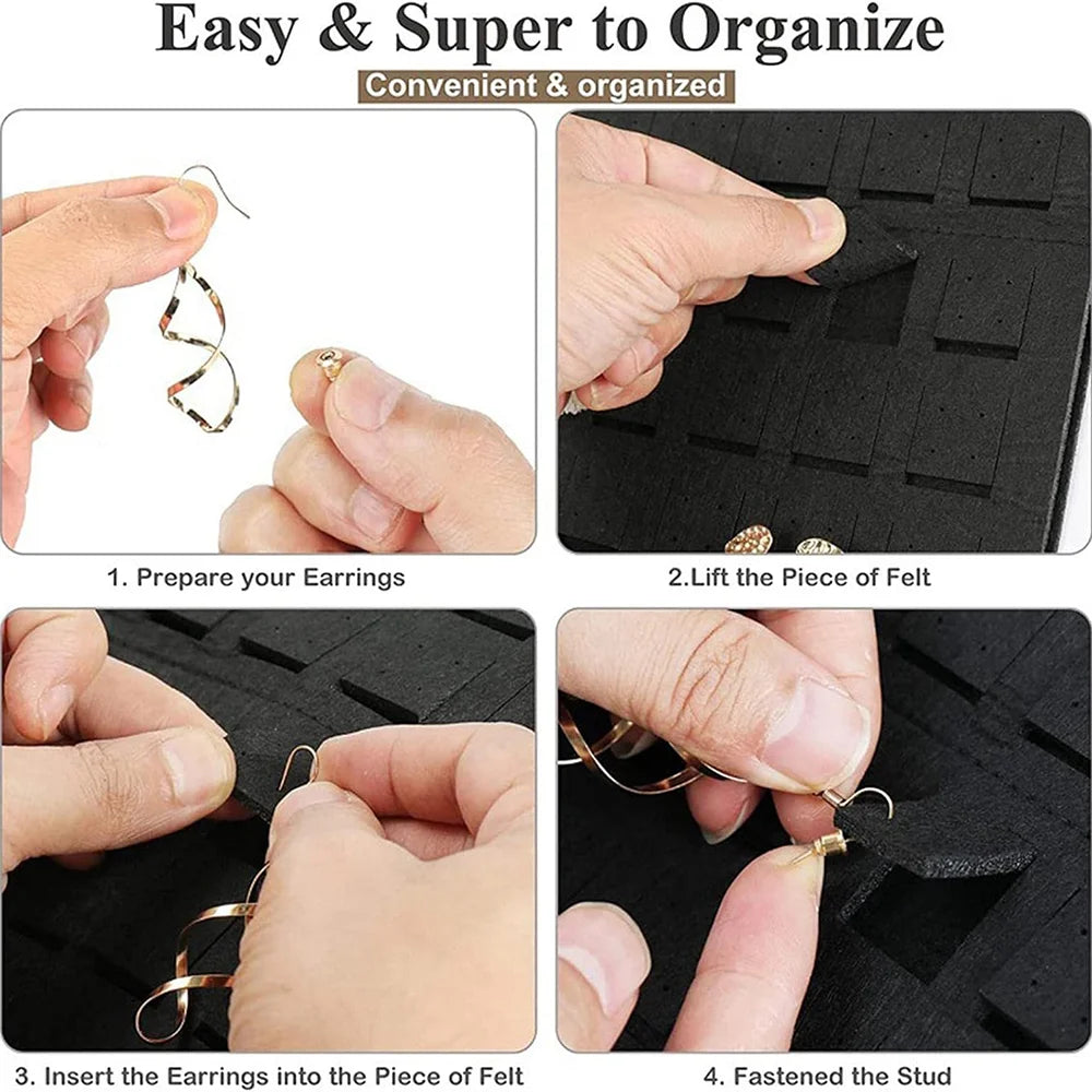 Hands demonstrate how to prepare, lift, insert, and fasten felt earrings into an organizer display.