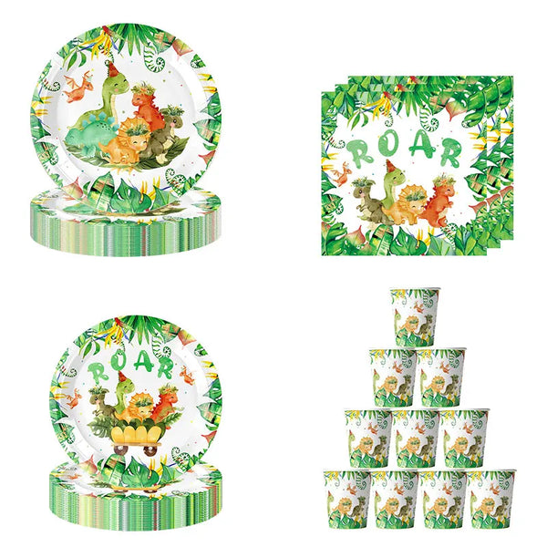 A set of dinosaur-themed birthday party supplies including a plate, banner, and cake topper