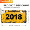 A yellow metal sign with the year 2018 painted on it, showing dimensions.