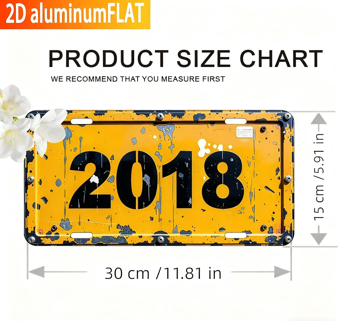 A yellow metal sign with the year 2018 painted on it, showing dimensions.