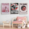 Three canvas prints featuring Mitski and TV Girl album aesthetics displayed on a white wall.