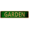 A rectangular green metal tin sign with the word GARDEN written in gold lettering.