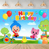 A colorful cartoon birthday scene featuring a blue character, a pink cat, balloons, and festive decorations.