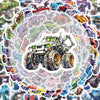A circular sticker pack featuring various monster truck decals and graphics on a light background.