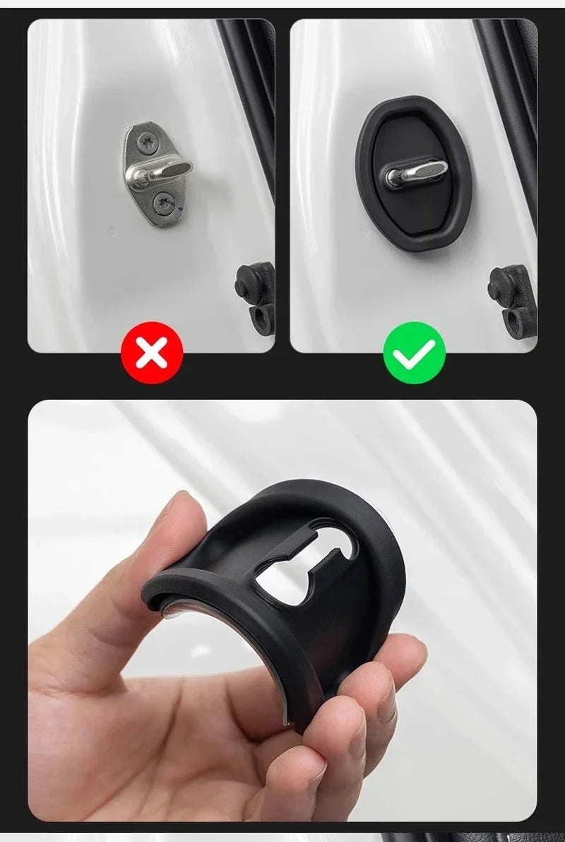 Comparison showing a metal door lock against a silicone car door lock protector.