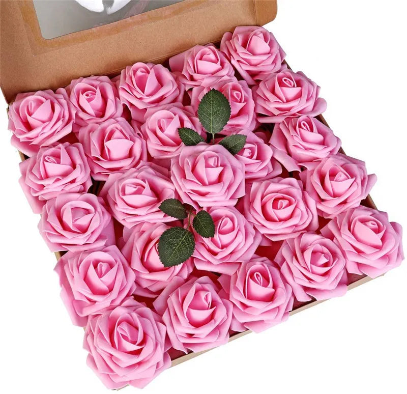 A box filled with pink artificial foam roses for weddings and home decor