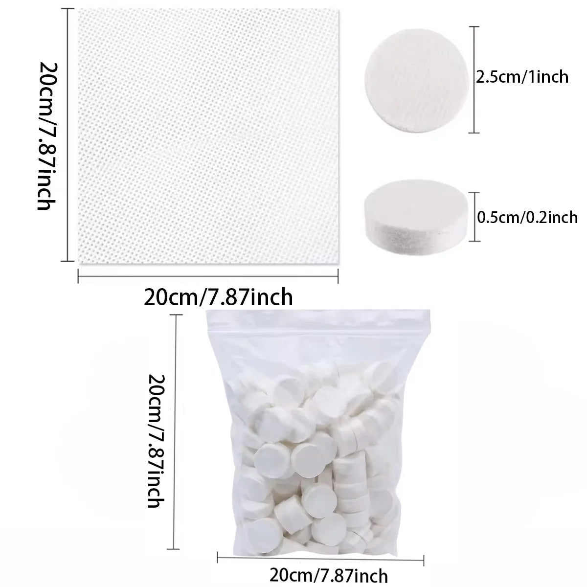 A package of white compressed camping towels, showing the individual towel size and the bulk quantity.