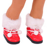 A pair of red boots with white faux fur trim and white laces for a Christmas doll outfit set.