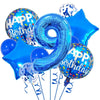 A set of navy and gold foil balloons shaped like the number nine and a star for a birthday celebration