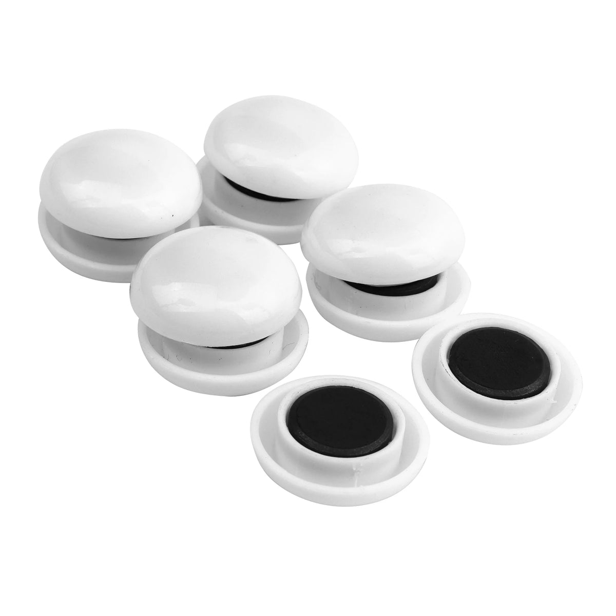 A set of ten white refrigerator magnets with black discs for photos and notes.