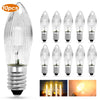 Ten E10 LED candle bulbs shown in various orientations and a close-up of the light.