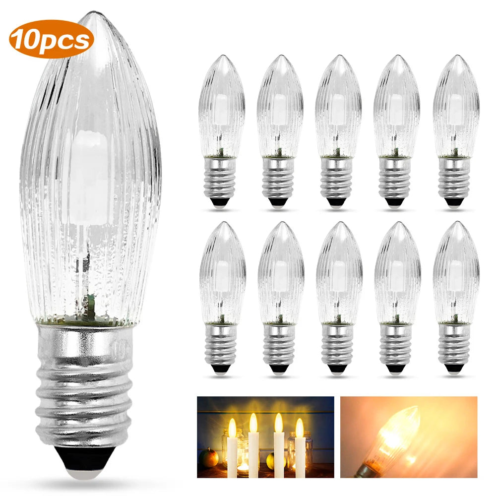 Ten E10 LED candle bulbs shown in various orientations and a close-up of the light.